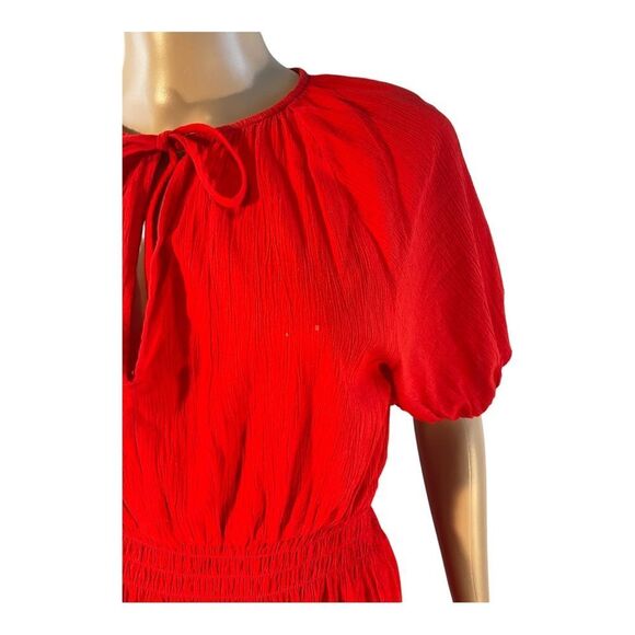 H &M Women Size XS Red Dress Tie Neck Bohemian Short Sleeve Stretch Waist - Picture 3 of 16